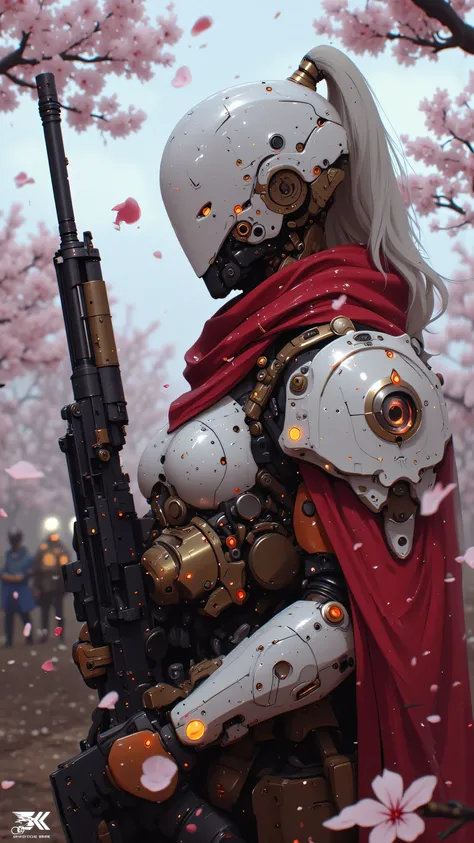 Envision a dramatic scene where a mechanical gladiator robot stands proudly in a cherry blossom forest, its mechanical body a testament to its unyielding strength. The robot's armor is adorned with the remnants of past battles, with shattered robot parts a...