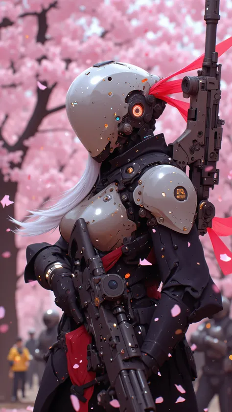 Picture a breathtaking scene where a mechanical gladiator robot is set against the vibrant backdrop of a cherry blossom forest. The robot's body is a masterpiece of mechanical craftsmanship, with gleaming alloys and hardened plates that reflect the soft pi...