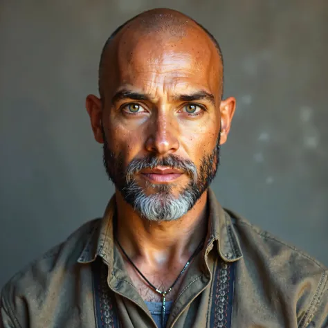 A rugged, bearded man with piercing eyes.