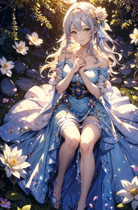 top quality mystical 、(cowboy shot ) Japanese anime character 1 WOMAN cute smile!smile! gentle gaze , beautiful eyes 、、 chest size 130 beautiful beautiful skin on hands 、、 music healing simple lawn configuration flower、 Beautiful b...
