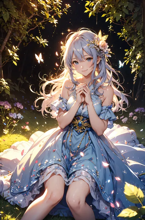 top quality mystical 、(cowboy shot ) Japanese anime character 1 WOMAN cute smile!smile! gentle gaze , beautiful eyes 、、 chest size 130 beautiful beautiful skin on hands 、、 music healing simple lawn configuration flower、 Beautiful b...
