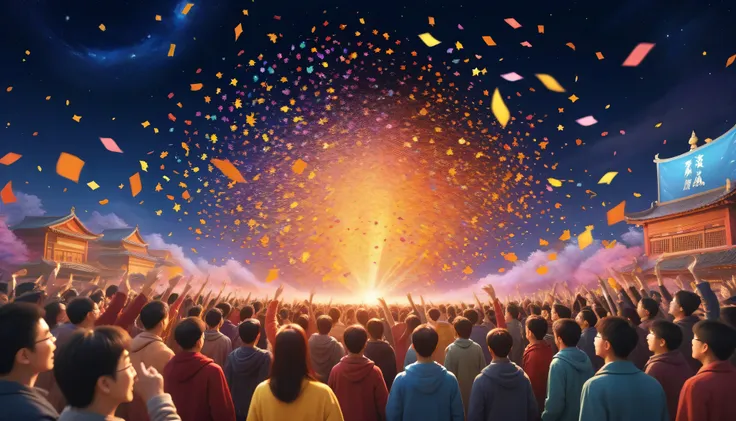 充满活力的五Colored paper屑, Float in the air, Night sky background, Joyful and colorful dance, Fiery Confetti, Festival Under the Sky, Festive mood, 五Colored paper屑犹如彩虹瀑布, shines on a dark canvas at night, Express endless joy with brilliant colors, Spectacles of...