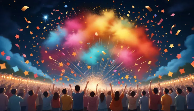 充满活力的五Colored paper屑, Float in the air, Night sky background, Joyful and colorful dance, Fiery Confetti, Festival Under the Sky, Festive mood, 五Colored paper屑犹如彩虹瀑布, shines on a dark canvas at night, Express endless joy with brilliant colors, Spectacles of...