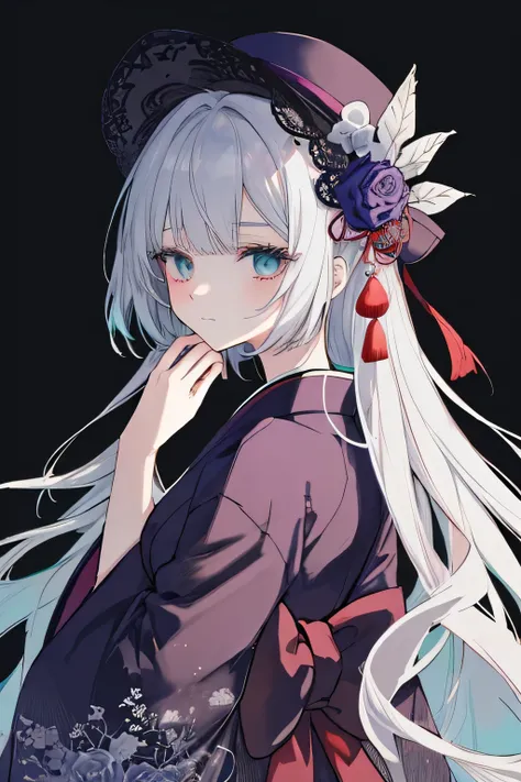 best quality, ultra-detailed, anime-style illustration, clean line art, soft shading, simple background, minimalistic details,
solo, 1 young woman, 25 years old, with long, silky violet hair, styled in a **perfectly defined hime cut**,
sharp, straight...