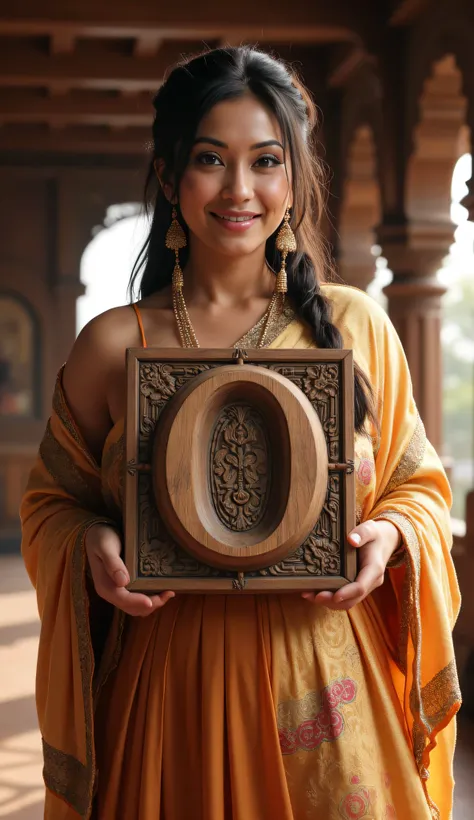**Prompt:** Step back into the enchanting world of the Mahabharata, and discover an ancient Indian female model who embodies the essence of a bygone era. Set the scene in an elaborate, age-old numerical number zero temple, where the soft whispers of histor...