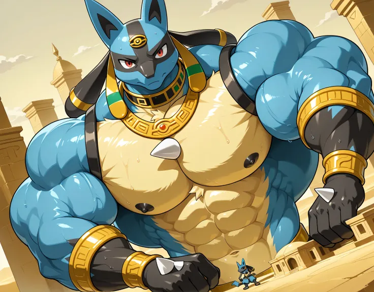 detailed background, low view, egypt, dutch angle, close up, score_9_up,score_8_up,score_7_up,score_6_up,score_5_up,score_4_up, BREAK kemono, bara, furry, 1boy, anthro, LucarioRS, pokemon (creature), lucario, Blue Fur, Chest Spike, Red Eyes, yellow chest f...