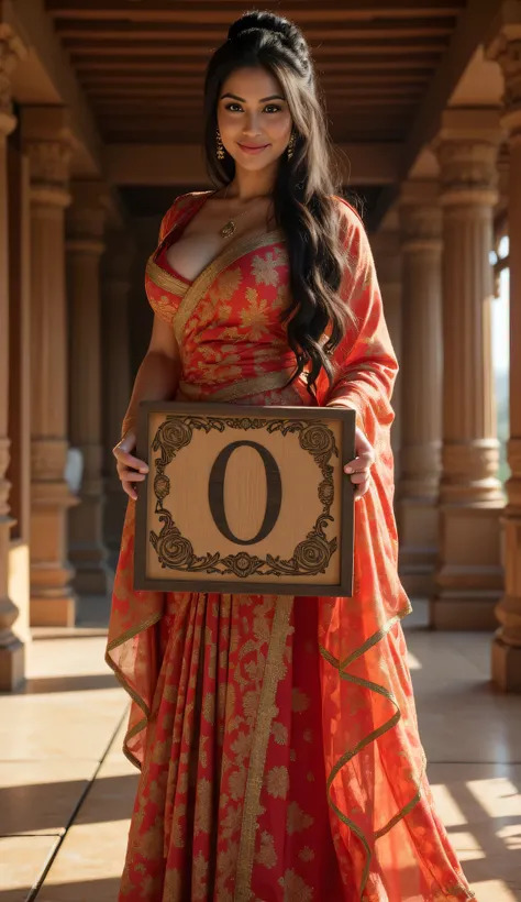 **Prompt:** Step back into the enchanting world of the Mahabharata, and discover an ancient Indian female model who embodies the essence of a bygone era. Set the scene in an elaborate, age-old numerical number zero temple, where the soft whispers of histor...