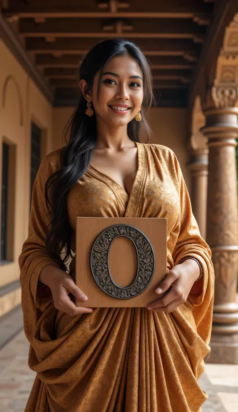 **Prompt:** Step back into the enchanting world of the Mahabharata, and discover an ancient Indian female model who embodies the essence of a bygone era. Set the scene in an elaborate, age-old numerical number zero temple, where the soft whispers of histor...