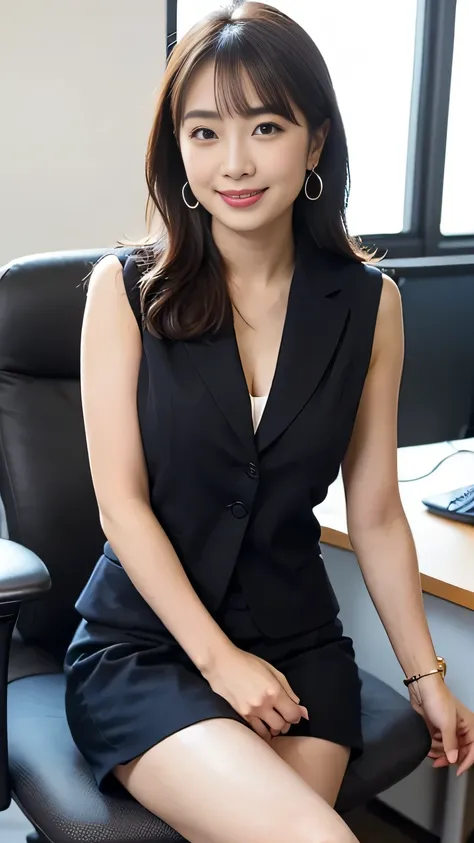 ( Japanese office lady 、25 year old japanese woman:1.2)、one woman、Extremely Beautiful Women、chair、(business suits、黒のbusiness suits、suit skirt:1.3)、natural makeup、Beautiful Legs、simple earrings、At the company office、 office with desk and chair 、Office with ...