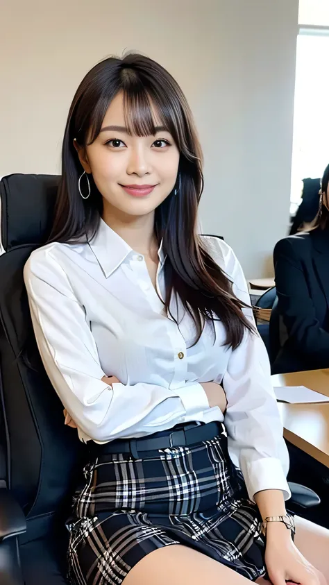 ( Japanese office lady 、25 year old japanese woman:1.2)、one woman、Extremely Beautiful Women、chair、( plaid business suit、 black business suit、suit skirt:1.3)、natural makeup、Beautiful Legs、simple earrings、At the company office、 office with desk and chair 、Of...