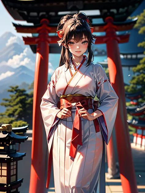 (Ultra Realistic), (Photo), (High Resolution), (8K), (High Definition), (Best Portrait), (Beautiful Detailed Eyes), (Best Quality), (Ultra Detailed), (Masterpiece), (Wallpaper), ((Wearing a Shrine Maiden's Clothes and Long Red Hakama)), ((Human Shrine Maid...