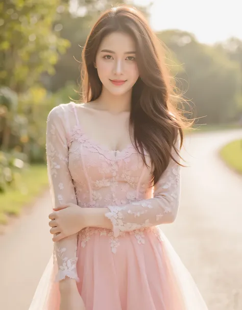 ((Best quality, 8k, masterpiece:1.3)),1Girls,25 years old,Asian,real texture:1.3,( background is it :1.1),Beautiful long dress , tall and slender shape :1.2,(Hot summer weather),(road:1.3),} Highly detailed face and skin,Exquisite eyes,Long eyelashes,Doubl...