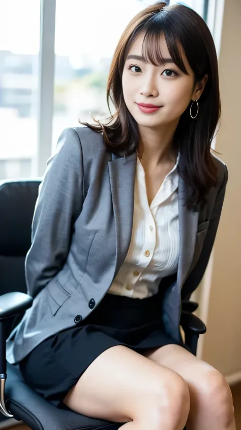 ( Japanese office lady 、25 year old japanese woman:1.2)、one woman、Extremely Beautiful Women、chair、( gray business suit、 black business suit、suit skirt:1.3)、natural makeup、Beautiful Legs、simple earrings、At the company office、 office with desk and chair 、Off...