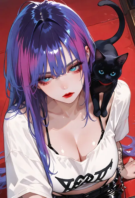  portrait of a 21-year-old woman , (big breasts:0.9), tattoo, (( punk style fashion))) ,(  BLOUSE GROWING DOWN ,loose tee, lean forward,) long hair, Woman with violet hair and blue eyes, Close, gentle face, disheveled hair, shiny hair, isometric style plat...