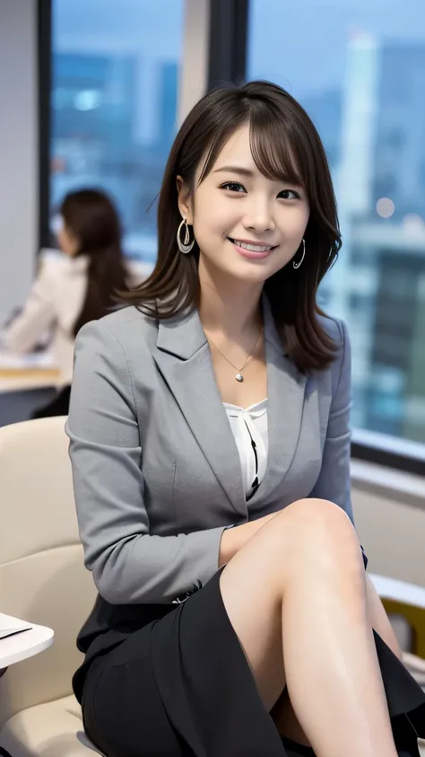( Japanese office lady 、25 year old japanese woman:1.2)、one woman、Extremely Beautiful Women、chair、( gray business suit、 black business suit、suit skirt:1.3)、natural makeup、Beautiful Legs、simple earrings、At the company office、 office with desk and chair 、Off...
