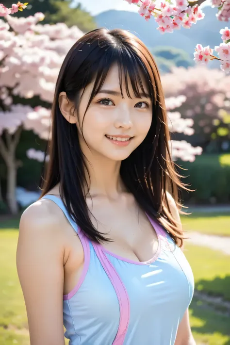 (8k, RAW photo,top quality, high resolution:1.1), (超realisticな:1.4),(realistic, realistic:1.3),Japanese beauty、Rhythmic Gymnastics Club、rhythmic gymnastics uniform、((upper body:1.3))、The background is a row of cherry blossom trees and a cherry blossom danc...