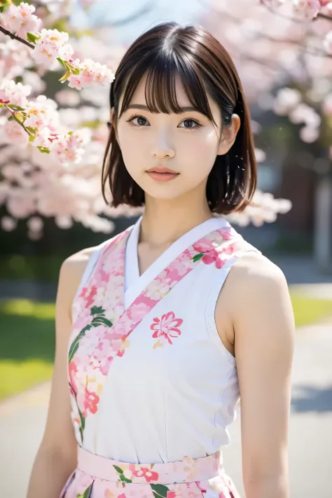 (8k, RAW photo,top quality, high resolution:1.1), (超realisticな:1.4),(realistic, realistic:1.3),Japanese beauty、Rhythmic Gymnastics Club、rhythmic gymnastics uniform、((upper body:1.3))、The background is a row of cherry blossom trees and a cherry blossom danc...