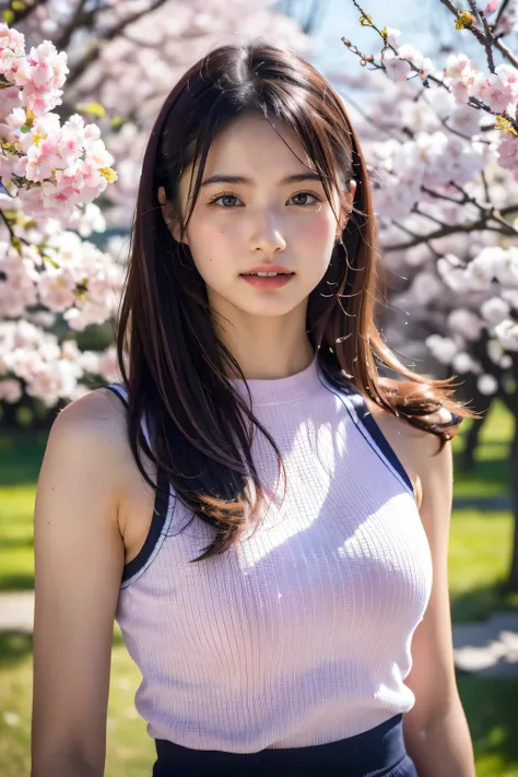 (8k, RAW photo,top quality, high resolution:1.1), (超realisticな:1.4),(realistic, realistic:1.3),Japanese beauty、Rhythmic Gymnastics Club、rhythmic gymnastics uniform、((upper body:1.3))、The background is a row of cherry blossom trees and a cherry blossom danc...