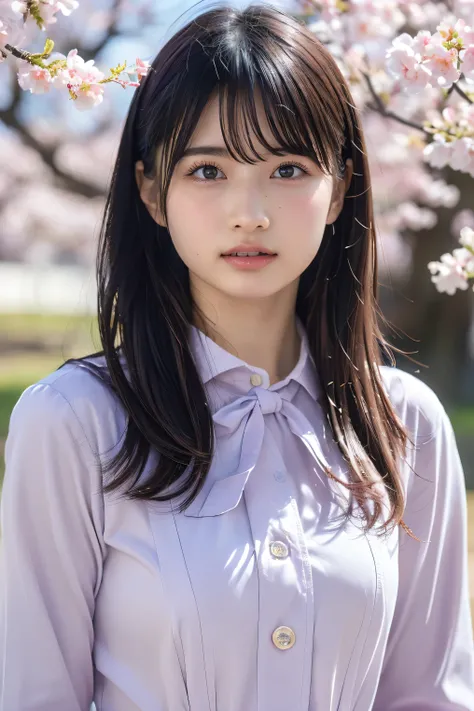 (8k, RAW photo,top quality, high resolution:1.1), (超realisticな:1.4),(realistic, realistic:1.3),Japanese beauty、Rhythmic Gymnastics Club、rhythmic gymnastics uniform、((upper body:1.3))、The background is a row of cherry blossom trees and a cherry blossom danc...