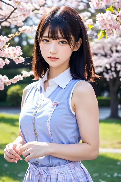 (8k, RAW photo,top quality, high resolution:1.1), (超realisticな:1.4),(realistic, realistic:1.3),Japanese beauty、Rhythmic Gymnastics Club、rhythmic gymnastics uniform、((upper body:1.3))、The background is a row of cherry blossom trees and a cherry blossom danc...
