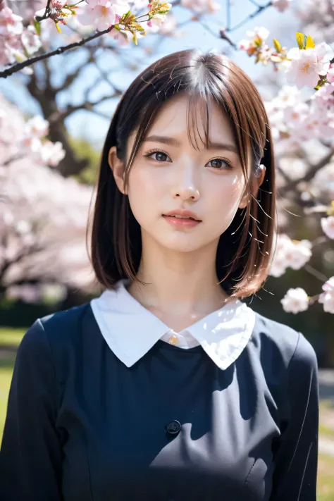(8k, RAW photo,top quality, high resolution:1.1), (超realisticな:1.4),(realistic, realistic:1.3),Japanese beauty、Rhythmic Gymnastics Club、rhythmic gymnastics uniform、((upper body:1.3))、The background is a row of cherry blossom trees and a cherry blossom danc...