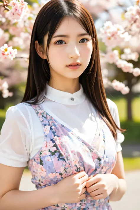 (8k, RAW photo,top quality, high resolution:1.1), (超realisticな:1.4),(realistic, realistic:1.3),Japanese beauty、Rhythmic Gymnastics Club、rhythmic gymnastics uniform、((upper body:1.3))、The background is a row of cherry blossom trees and a cherry blossom danc...
