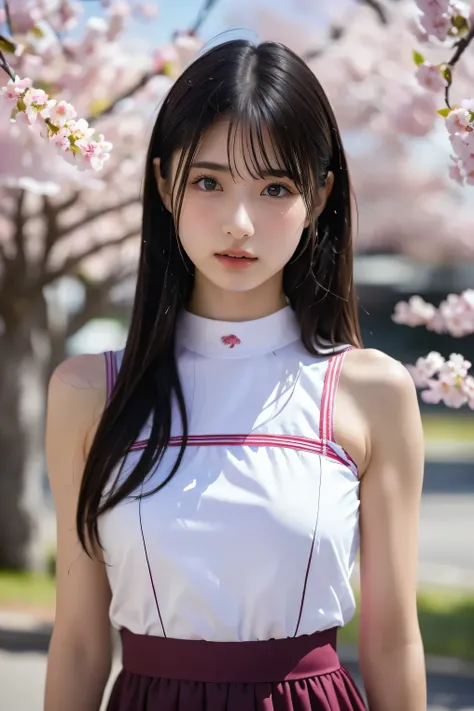 (8k, RAW photo,top quality, high resolution:1.1), (超realisticな:1.4),(realistic, realistic:1.3),Japanese beauty、Rhythmic Gymnastics Club、rhythmic gymnastics uniform、((upper body:1.3))、The background is a row of cherry blossom trees and a cherry blossom danc...