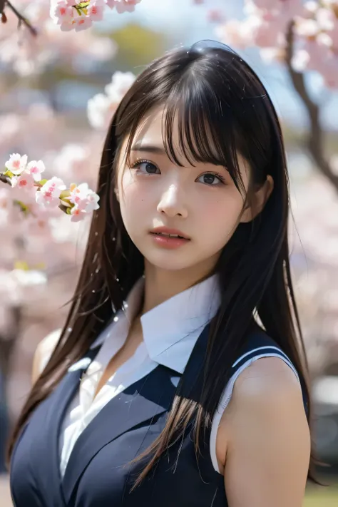 (8k, RAW photo,top quality, high resolution:1.1), (超realisticな:1.4),(realistic, realistic:1.3),Japanese beauty、Rhythmic Gymnastics Club、rhythmic gymnastics uniform、((upper body:1.3))、The background is a row of cherry blossom trees and a cherry blossom danc...