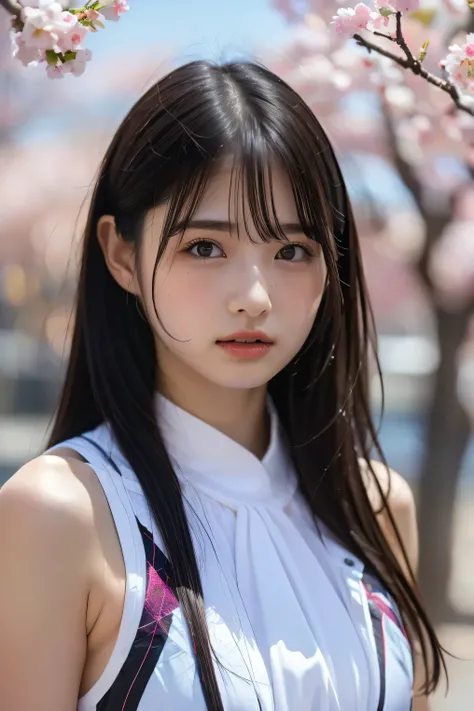 (8k, RAW photo,top quality, high resolution:1.1), (超realisticな:1.4),(realistic, realistic:1.3),Japanese beauty、Rhythmic Gymnastics Club、rhythmic gymnastics uniform、((upper body:1.3))、The background is a row of cherry blossom trees and a cherry blossom danc...