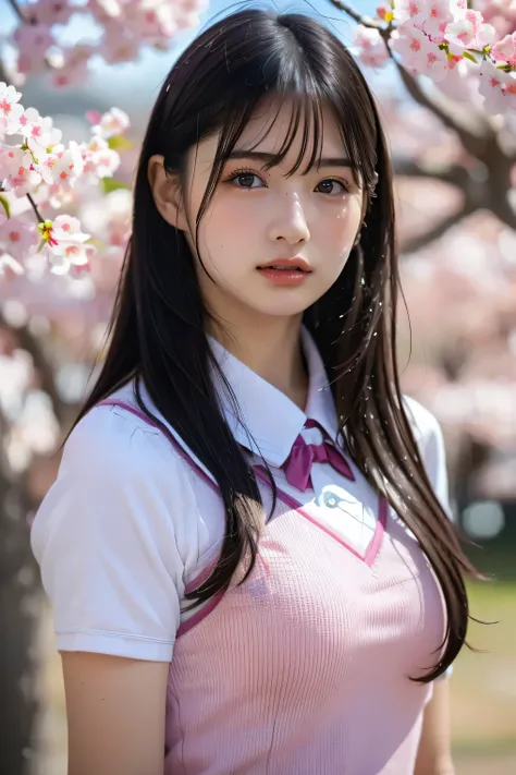 (8k, RAW photo,top quality, high resolution:1.1), (超realisticな:1.4),(realistic, realistic:1.3),Japanese beauty、Rhythmic Gymnastics Club、rhythmic gymnastics uniform、((upper body:1.3))、The background is a row of cherry blossom trees and a cherry blossom danc...