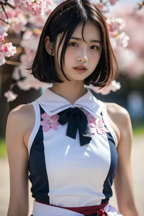 (8k, RAW photo,top quality, high resolution:1.1), (超realisticな:1.4),(realistic, realistic:1.3),Japanese beauty、Rhythmic Gymnastics Club、rhythmic gymnastics uniform、((upper body:1.3))、The background is a row of cherry blossom trees and a cherry blossom danc...