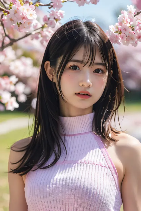 (8k, RAW photo,top quality, high resolution:1.1), (超realisticな:1.4),(realistic, realistic:1.3),Japanese beauty、Rhythmic Gymnastics Club、rhythmic gymnastics uniform、((upper body:1.3))、The background is a row of cherry blossom trees and a cherry blossom danc...