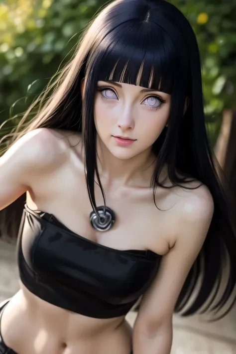 masterpiece, cinematic look, breast :1.1, HDR : 1.2, ultra lightening, ultra detailed, high quality 8k resolution, background: in garden of purple petal trees, highly detailed image, light hearted smirk, navel,body image from head to thighs,  HinataNS, Hin...