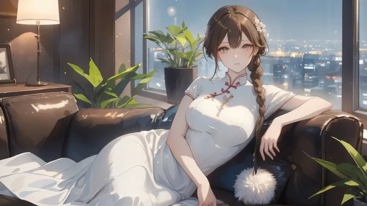 Masterpiece, Best Quality, Top Quality, Very Detailed, Beautiful anime girl, long light brown hair tied in braid, glowing amber eyes, wearing elegant modern white cheongsam dress, sitting gracefully on a leather sofa, night cityscape visible through large ...