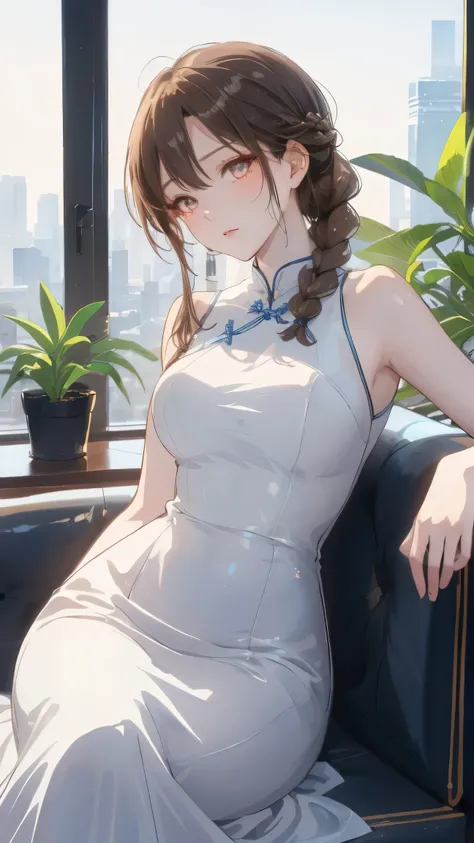 Masterpiece, Best Quality, Top Quality, Very Detailed, Beautiful anime girl, long light brown hair tied in braid, glowing amber eyes, wearing elegant modern white cheongsam dress, sitting gracefully on a leather sofa, night cityscape visible through large ...