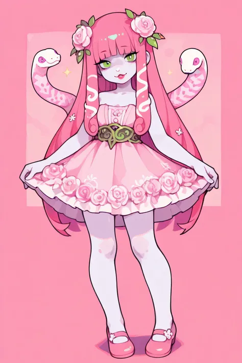 A mystical female figure, standing full-length, with magical facial features. She has pale skin, luminous pink eyes and expressive red lips. Her hair is a complex locks of soft pink color, decorated with flowers, leaves and decorative elements. Snakes with...