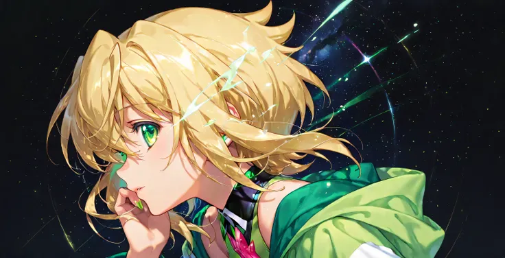 (( 1 girl)), symphogia, Akatsuki Kirika , Song of the Dawn 、Black background,colorful, vibrant, Shining Contours ,neon,green、Official Art、Loose clothing,viewer, masterpiece, very beautiful、Kudelewulf、profile、starry sky、Light powder、neonヘア、wallpaper for...