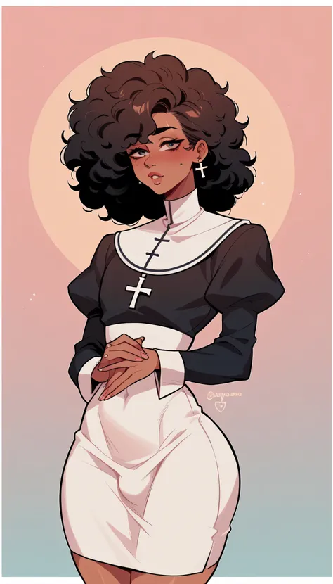 better quality, very detailed illustration short ruffled voluminous bouncy hair , afro hair, playful look, delgado, ideal body, thin waist , wide hips, simple drawing, Artifyber style , pastel flat colors , nun outfit, sexy, close up, femboy