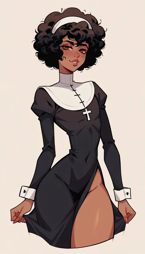 better quality, very detailed illustration short ruffled voluminous bouncy hair , afro hair, playful look, delgado, ideal body, thin waist , wide hips, simple drawing, Artifyber style , pastel flat colors , nun outfit, sexy, close up, femboy