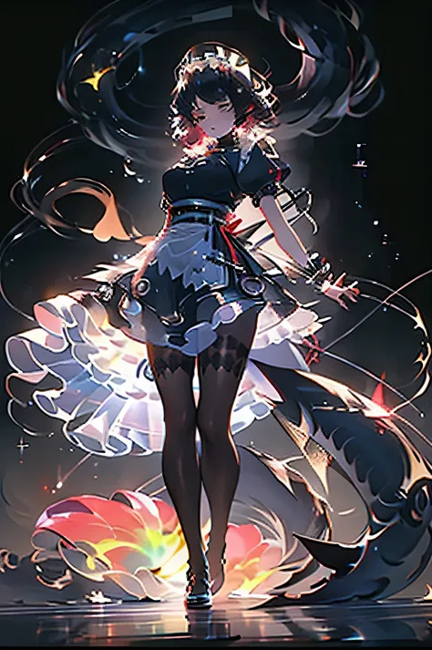 ((best quality)), (( masterpiece)), ( detailed), 1 girl, Alan Jo，brunette，Colored inner hair， multi-colored hair ， red eyes，Redhead， short hair，Bi-color hair， apron， 黑色pantyhose， black shirt， black skirt， Ear piercing， END， 鱼Tail， Maid， Maid apron， maid he...