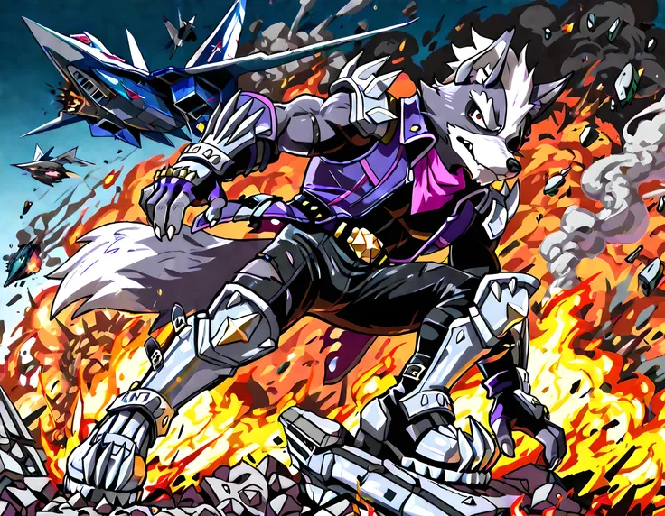 Wolf O'Donnell, Red Eye, Right Eyepatch, Pink Kerchief, Purple Sleeveless Jacket, Black Bodysuit, Purple Fingerless Gloves, Metal Boots, Gold Buckle, crawling out of rubble, destruction, crashed space ship, arwing crashed, fire, smoke, torn clothes, muscul...