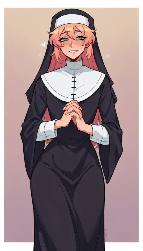 better quality, very detailed illustration girl, long ruffled voluminous bouncy hair , playful look, delgado, ideal body, thin waist , wide hips, simple drawing, Artifyber style , pastel flat colors , nun outfit, sexy, close up, femboy, front facing