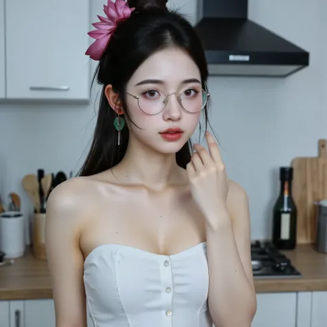18 years old cute korean girl in round glasses with long brunette hair with long tail hairstyle on her head is posing in a very sexy white top and shorts staying in the kitchen