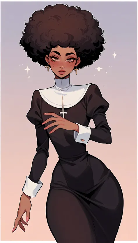 better quality, very detailed illustration short ruffled voluminous bouncy hair , afro hair, playful look, delgado, ideal body, thin waist , wide hips, simple drawing, Artifyber style , pastel flat colors , nun outfit, sexy, close up, femboy