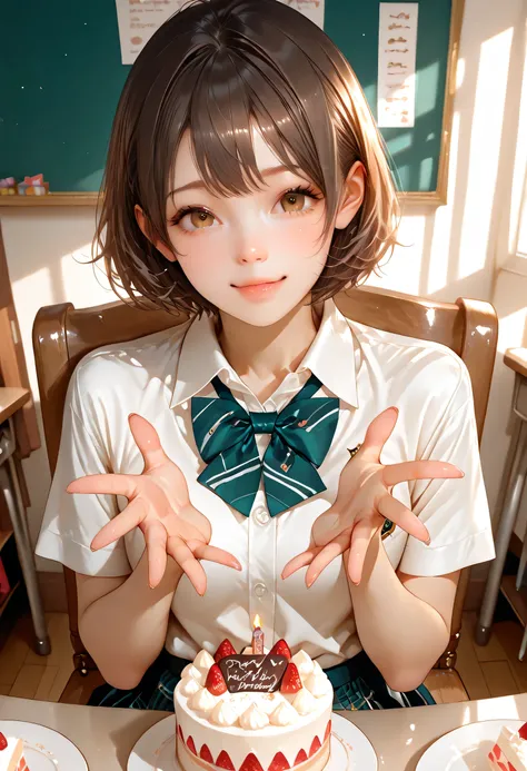 ultra detailed realistic girl half body celebrating birthday and cake, brown short hair, brown eyes, school uniform outfit, background, ray tracing, short hair, sitting in a chair in a bedroom 