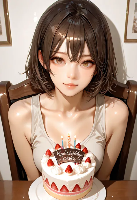 ultra detailed realistic fubuki half body celebrating birthday and cake, brown hair, brown eyes, sakura leafs, vivid colors white tank top, background, ray tracing, short hair, sitting in a chair in a bedroom 
