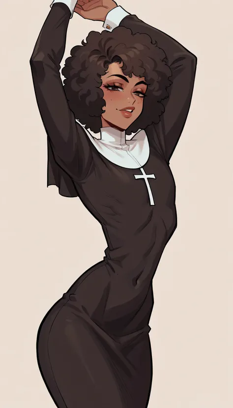 better quality, very detailed illustration short ruffled voluminous bouncy hair , afro hair, playful look, delgado, ideal body, thin waist , wide hips, simple drawing, Artifyber style , pastel flat colors , nun outfit, sexy, close up, femboy, sexy, arms ab...