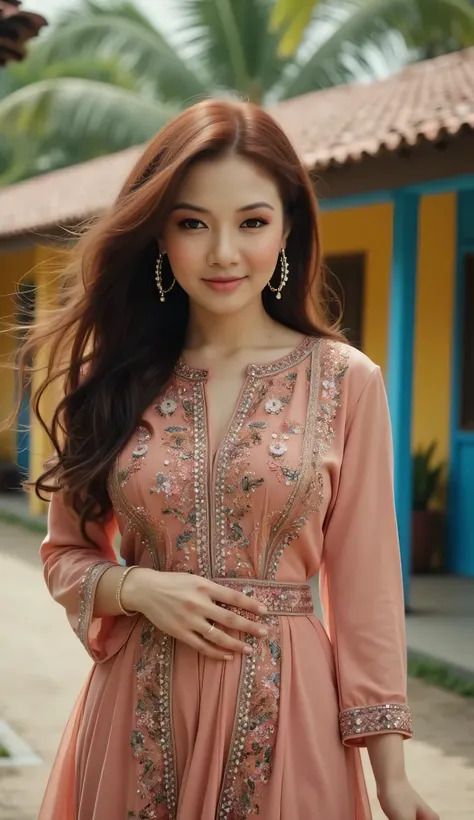 A young free hair woman walking through the Malaysia village wearing baru raya, close up picture taking with professional lighting from head to hips