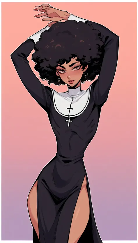 better quality, very detailed illustration short ruffled voluminous bouncy hair , afro hair, playful look, delgado, ideal body, thin waist , wide hips, simple drawing, Artifyber style , pastel flat colors , nun outfit, slit in dress, sexy, close up, femboy...