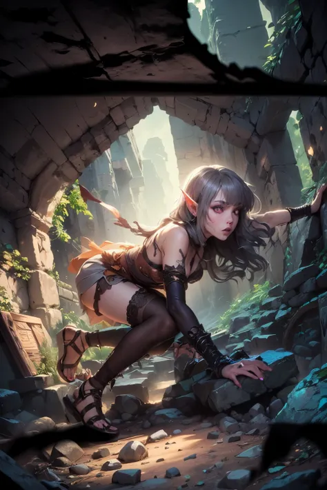 (Ultra-detailed face, Looking away, Gothic Illustration, Dark tone colors. She has five fingers on her hands and five toes on her feet.), BREAK
(Ancient ruins. Egyptian-style ruins. Dimly lit space. Fantastic. Mysterious. Corruption. Contrasts of light a...